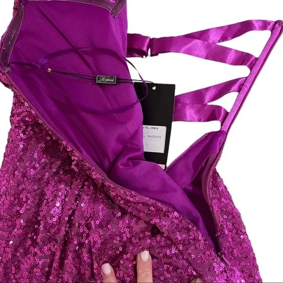 La Femme Strapless Sequin Gown Magenta Pink Cross Back Size 2 Prom Wedding Prom - Picture 9 of 13